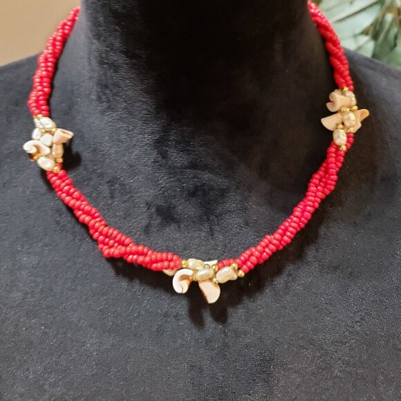 Womens Red Coral and Sea Turtles Statement Multi Strand Necklace w/ Berral Clasp - Picture 1 of 6